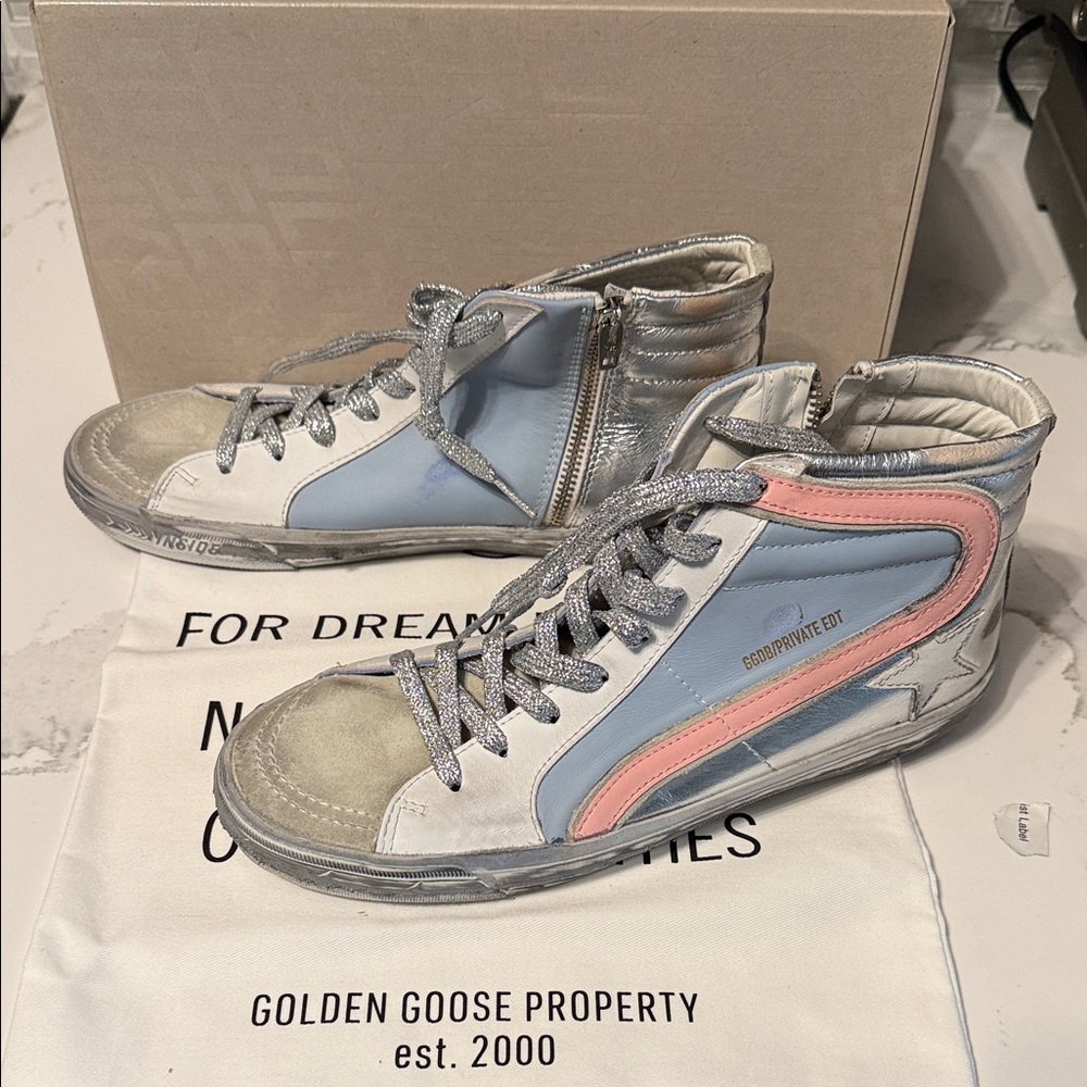 Golden Goose Silver and Blue High-Tops with Pink Accent
